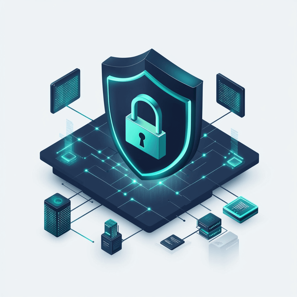 Isometric illustration of layered cybersecurity protection