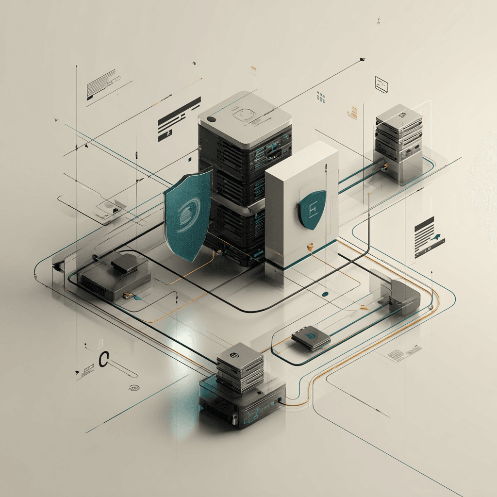 Isometric illustration of layered onsite and offsite backups protecting a business