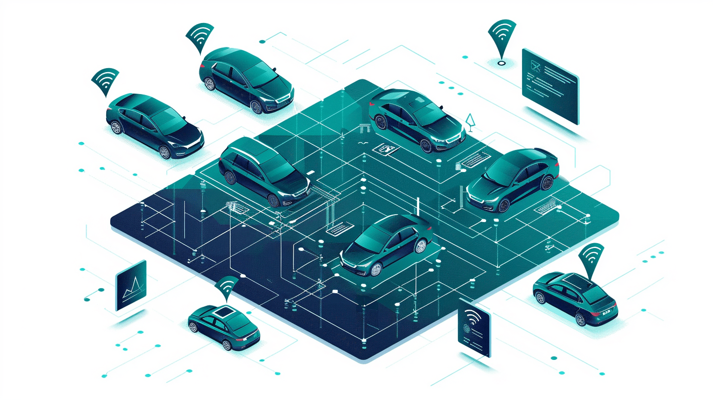 Isometric illustration of a connected electric vehicle fleet